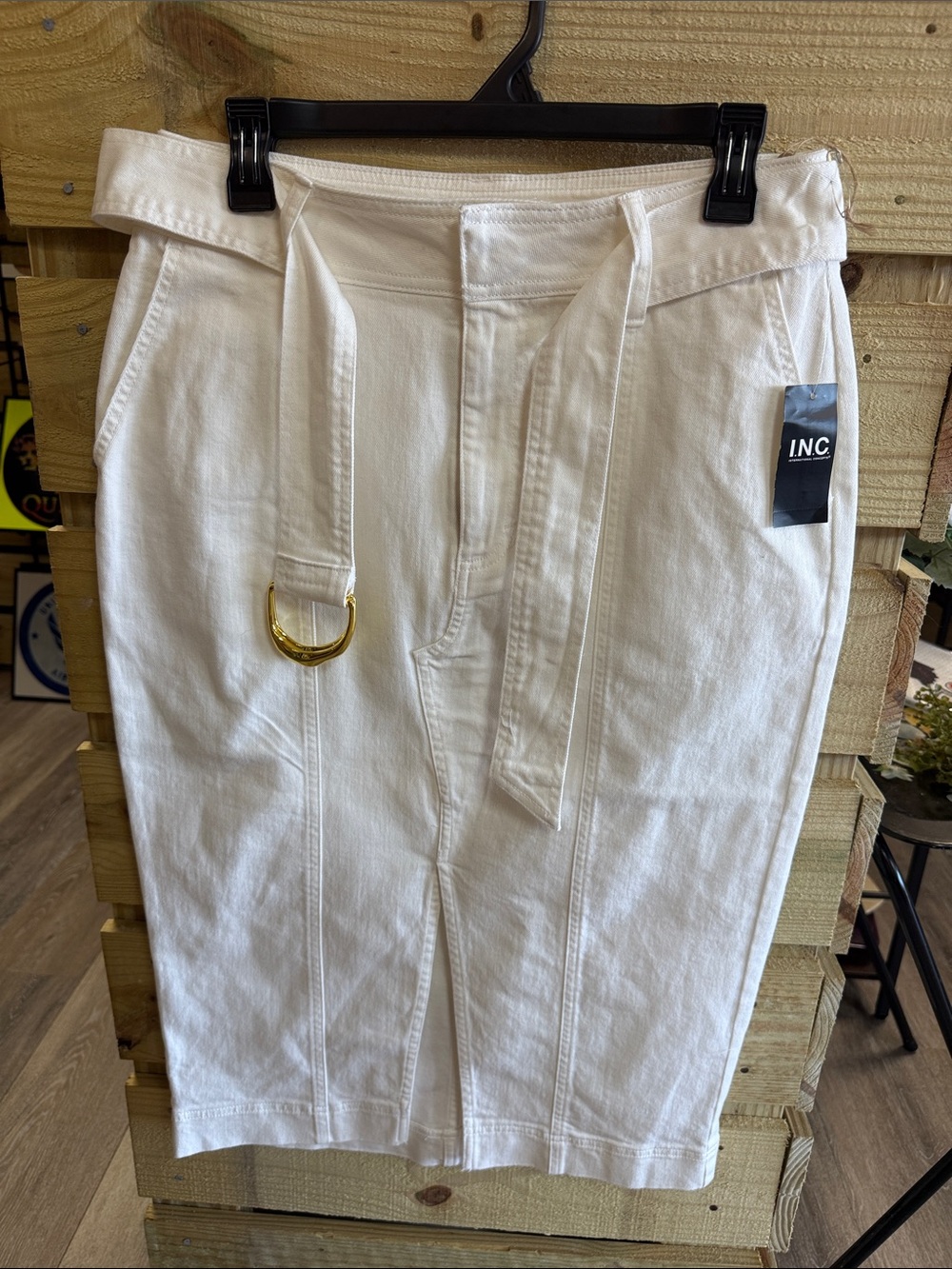 INC International Concepts Cream Pencil Skirt with Gold D-Ring Accent